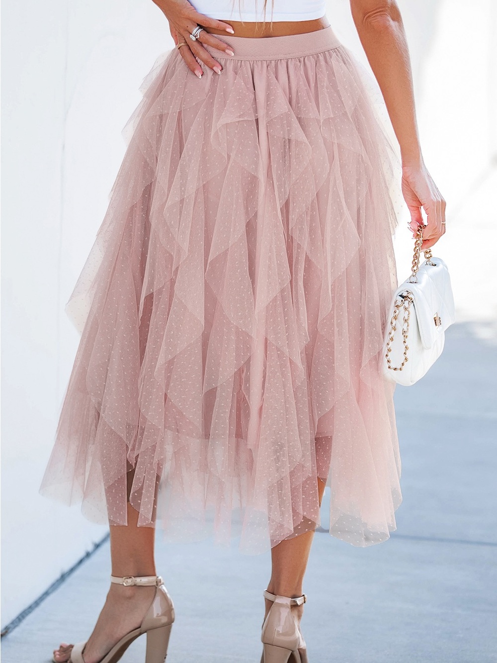 Midi Layered Tulle Skirt in Blush Pink